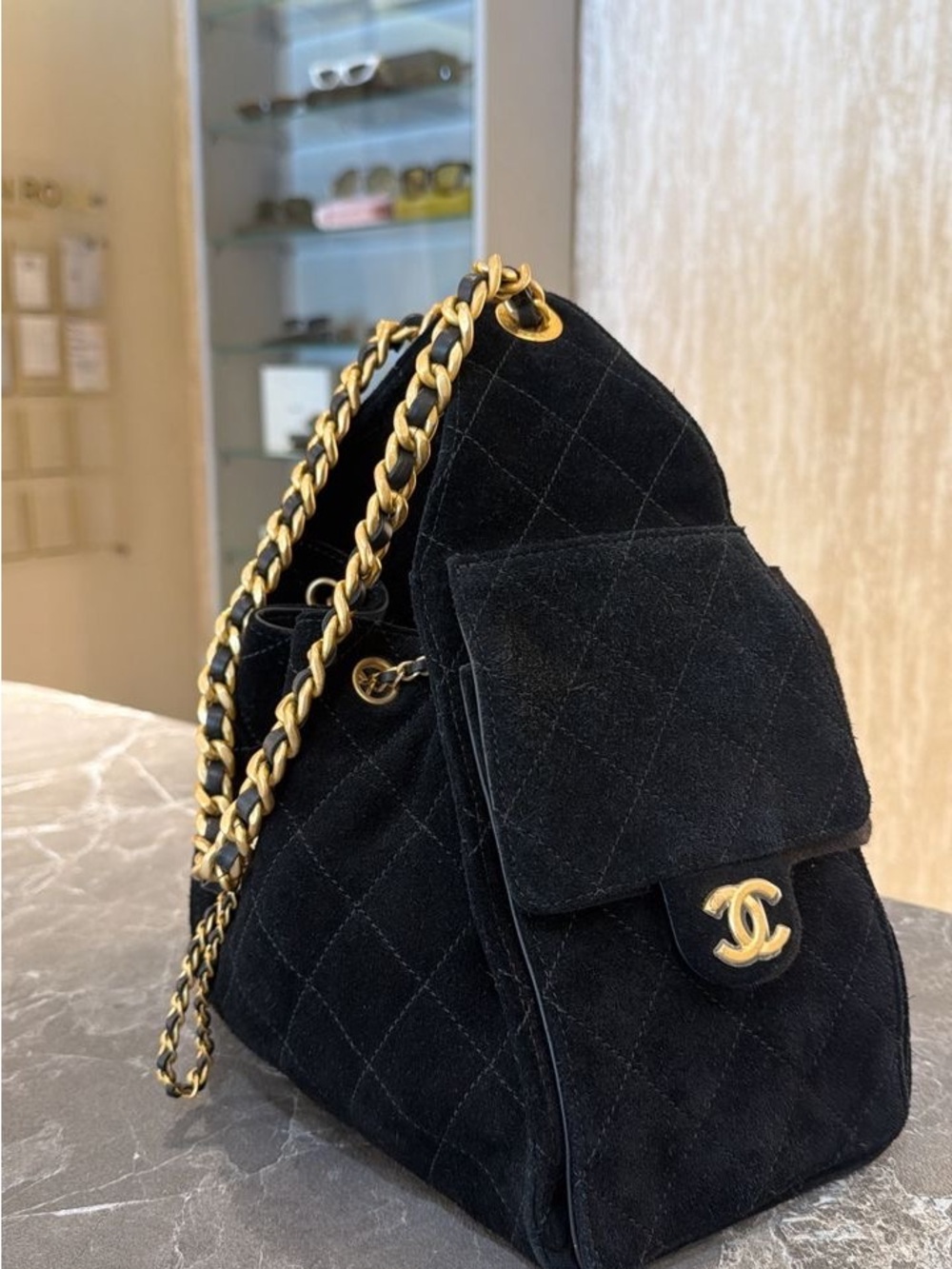 CHANEL 25 Black Quilted Suede SMALL Drawstring Shoulder Bag with Gold Chain NWT - Picture 3 of 9
